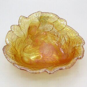 Vtg Carnival Glass Amber Blackberry Leaf Iridescent Decorative Bowl            U